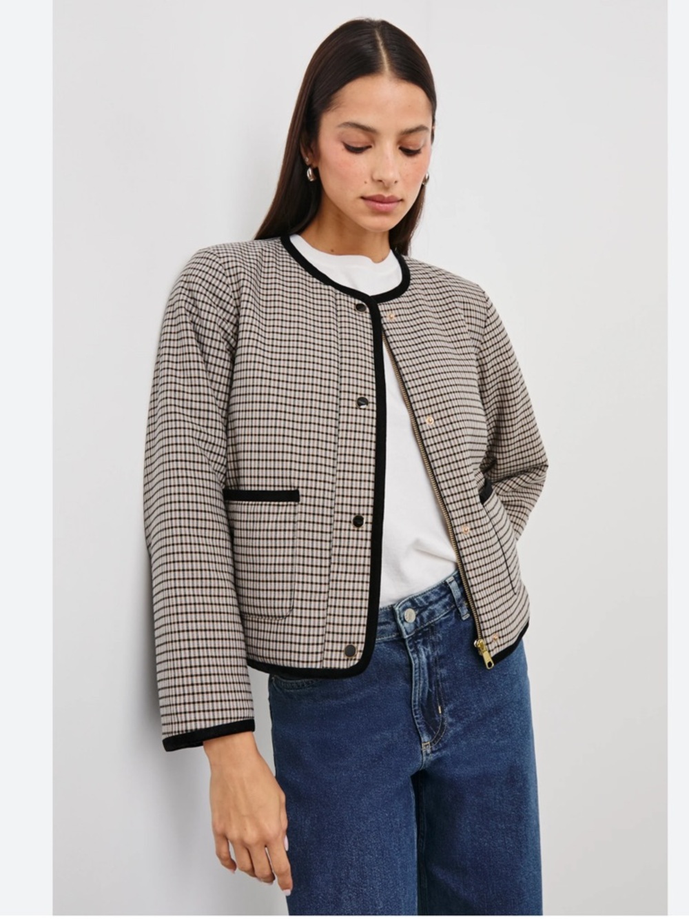 Rails Collarless Mini-Check Jacket in Ice Taupe with Black Trim
